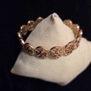 Tory Burch Rose Gold Miller Pavé Repeating Logo Crystal Cuff Bracelet Bangle